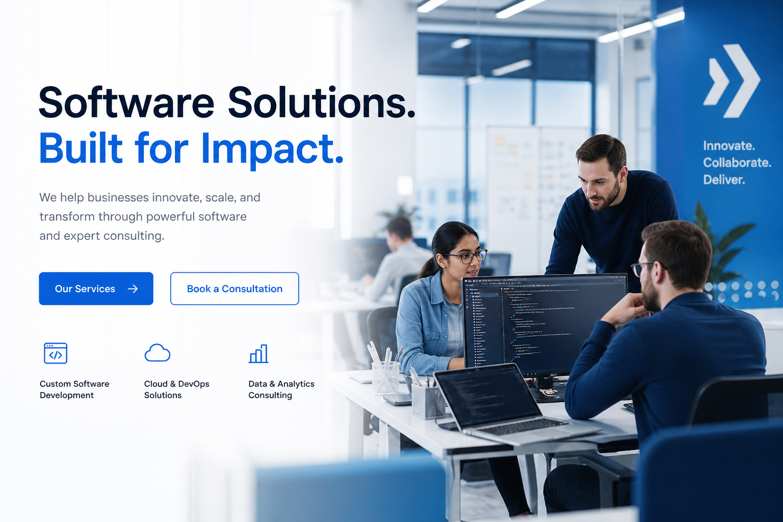 Software consulting team collaborating in a modern office